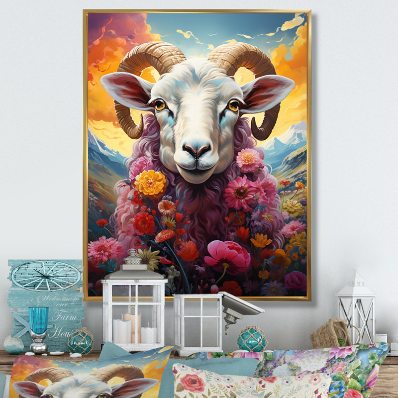 Reproduction d'art sur fond de moutons roses «Enchanted Ewes», H 40 po x l 30 po x P 1,5 po, Cadre flottant doré