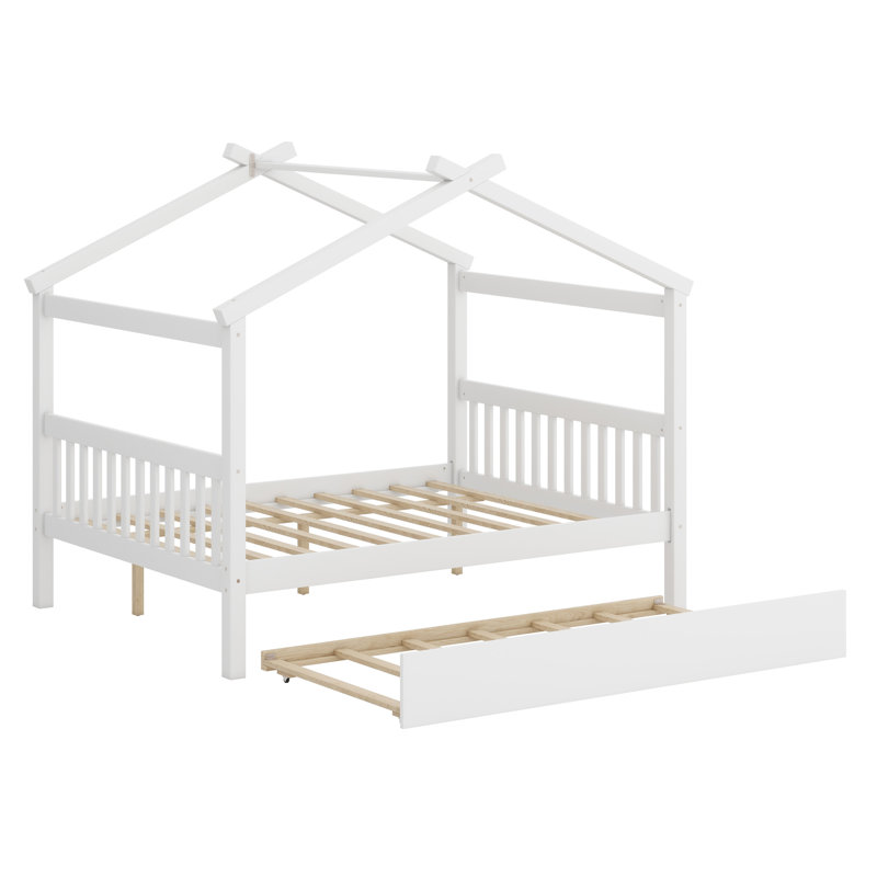 Wooden House Bed With Trundle, White