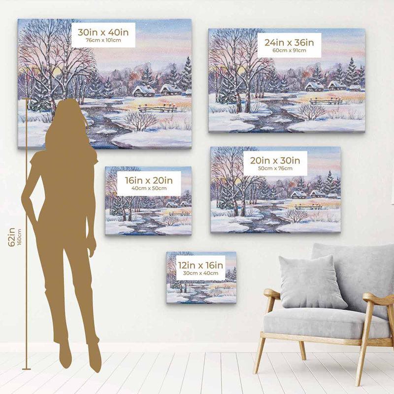 Arjunveer, village d'hiver blanc sur toile, H 12 po x l 16 po, Cadre noir