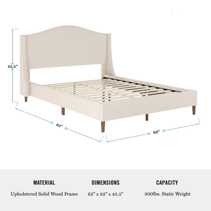 Full Beige Linen Upholstered Platform Bed with Walnut Legs