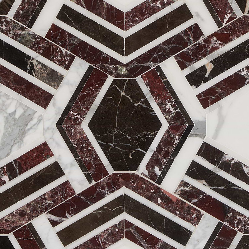 Mezzo 11x18 Polished Calacatta Marble Mosaic Tile, Bordeaux Polished