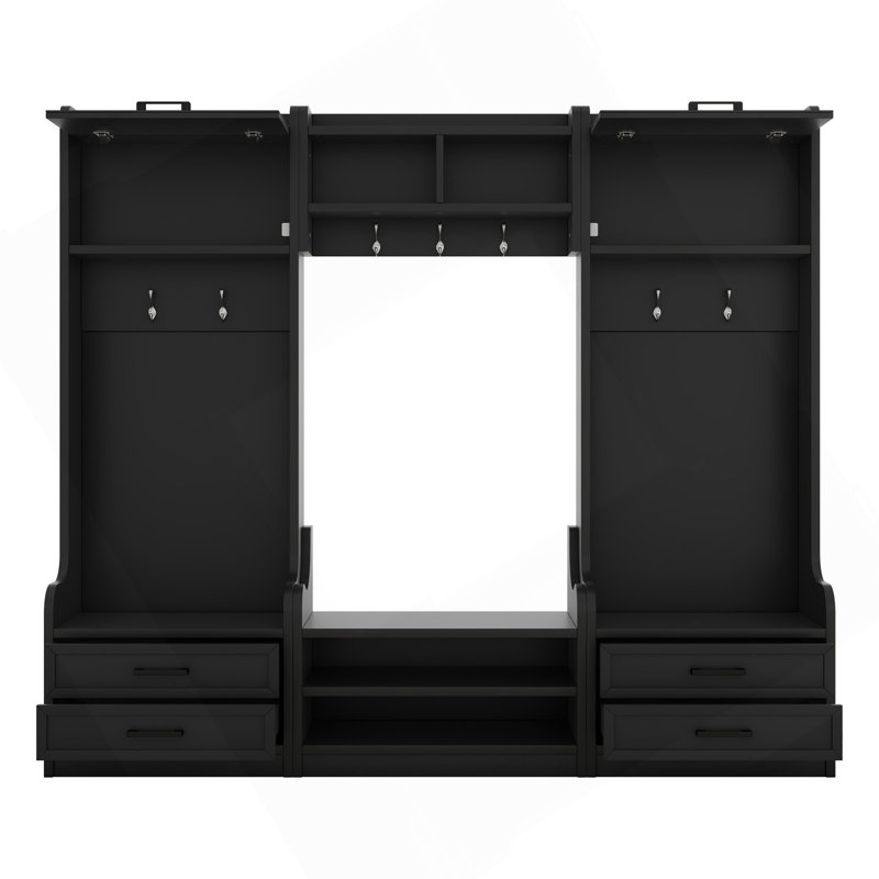 4-In-1 Detachable Hall Tree With Storage And 7 Hooks, Multiple Functions Hallway Coat Rack With Storage Drawers And Cabinet, Black Shoe Bench For Entryway Hallway