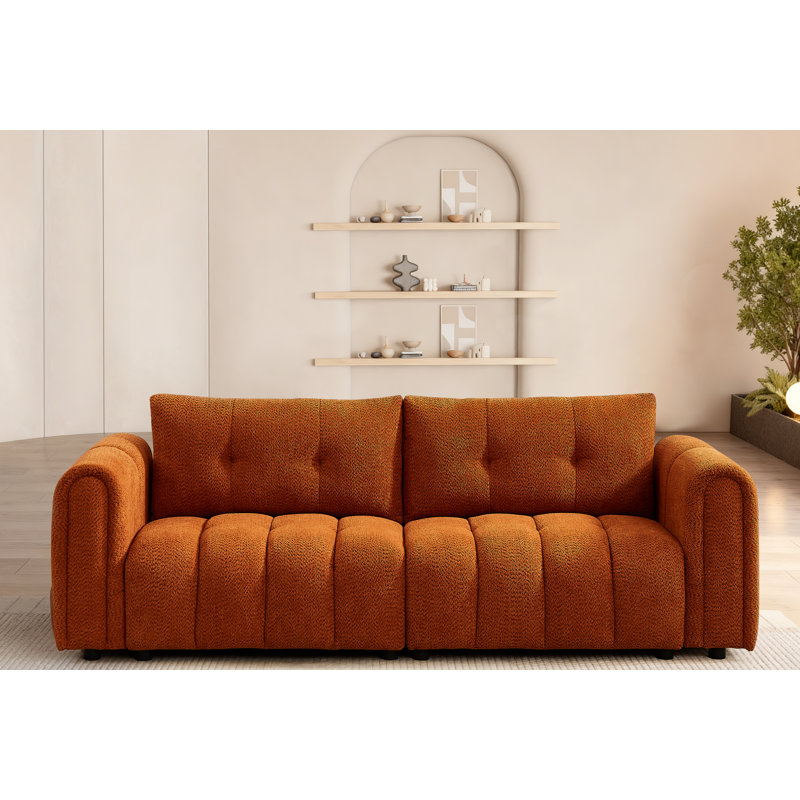 91.5" Orange Chenille Modern Tufted Sofa, Upholstered Living Room Couch with 2 Throw Pillows, Cloud Sofa for Apartment, Bedroom, Office