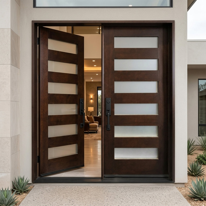 Porte d'entrée extérieure pré-montée en acajou prête à installer pour l'extérieur, Gauche, H 80 po x l 60 po x P 1,75 po