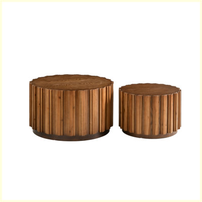 Ensemble de 2 tables basses gigognes rondes 19,7 "+ 27,5", tables d'appoint en bois de noyer avec lattes verticales, tables d'appoint rustiques de style campagnard pour le salon