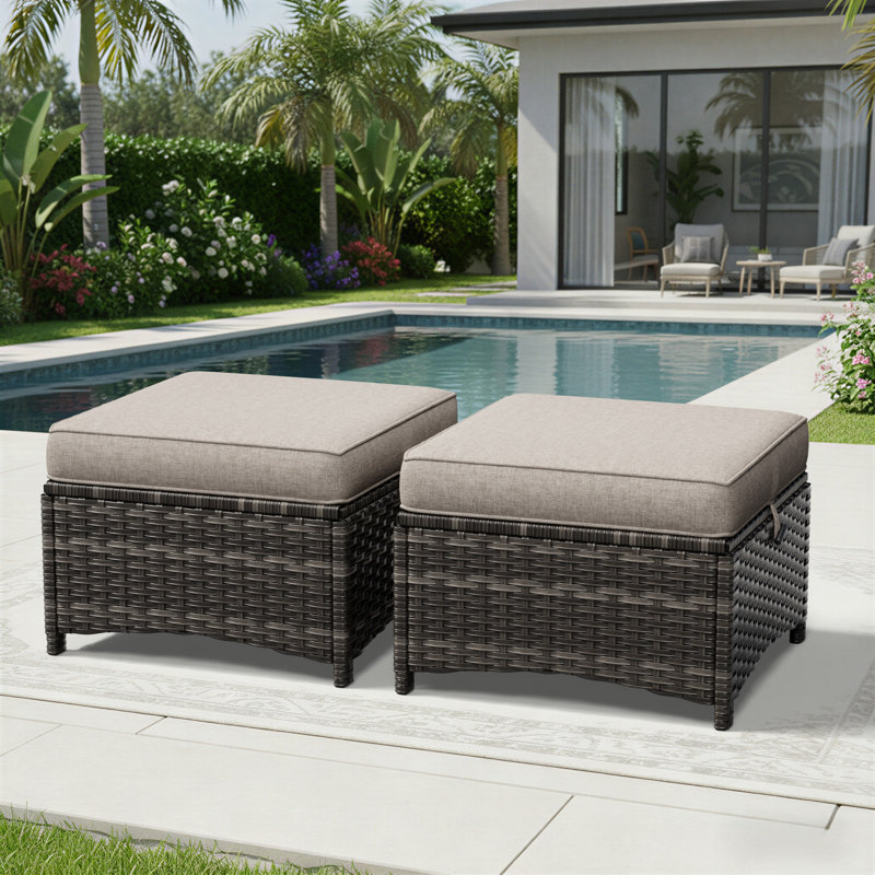 Repose-pieds multi-usage en osier pour l'extérieur avec coussin beige, Beige