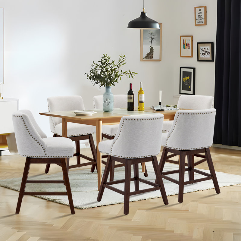 Counter Height Swivel Barstools, 26'' H Seat Height Upholstered Bar Stools, 6, Beige