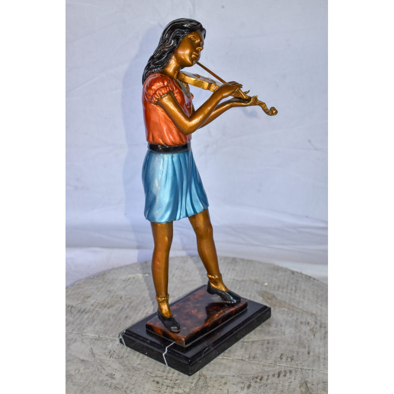 Givanna Young Girl Playing Violin Peacefully Bronze Statue Size: 10" x 5" x 21"H