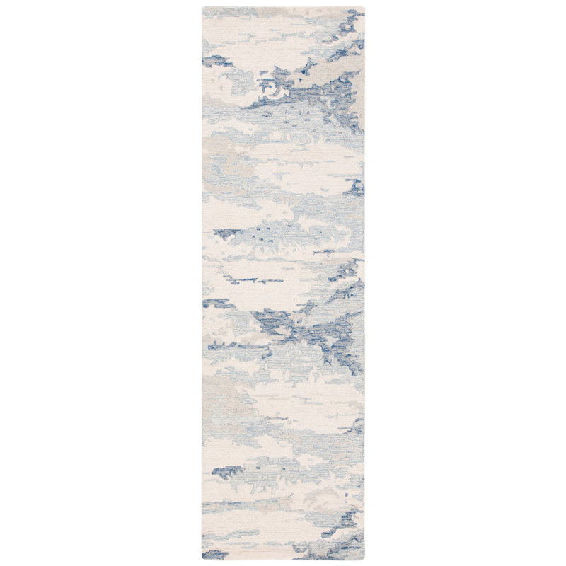 Hand Tufted Ivory and Blue Wool Runner Rug, 2'-3" x 18'