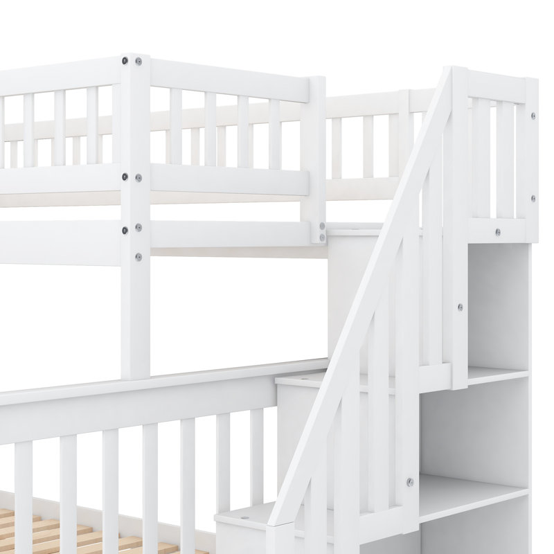 Lit superposé simple au-dessus d'un escalier double, construction en pin blanc et lit de rangement solide avec tablette, pour répondre aux besoins