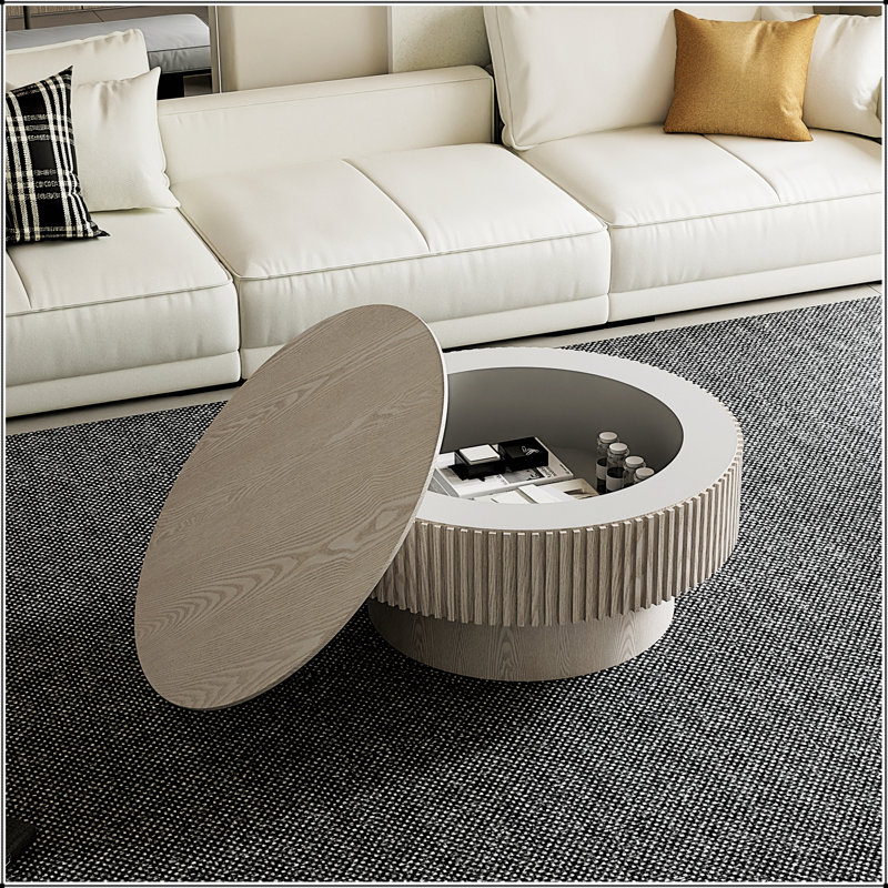 Table basse ronde de 31,5 po avec rangement, placage en bois massif, décor moderne pour le salon, la chambre à coucher, un appartement ou un bureau