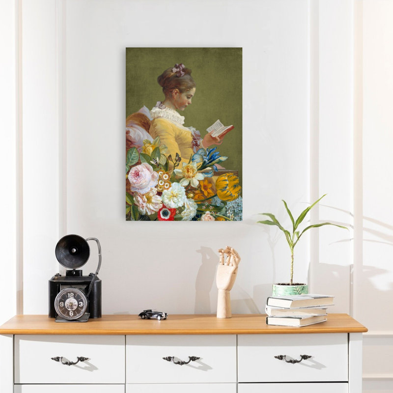 Quiet Reading Bloom Colorful Elegant Peaceful Daffodil Poppy Flower Portrait Wall Art Print 1 Piece Wrapped Canvas Wall Art