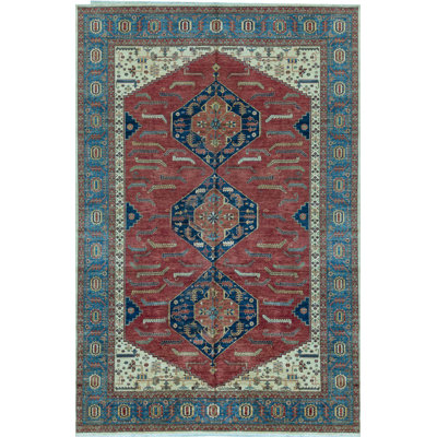 Tapis rouge et bleu noué à la main de haute qualité