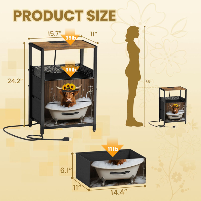 Table de chevet 2 tiroirs en tissu avec station de charge Highland Cow