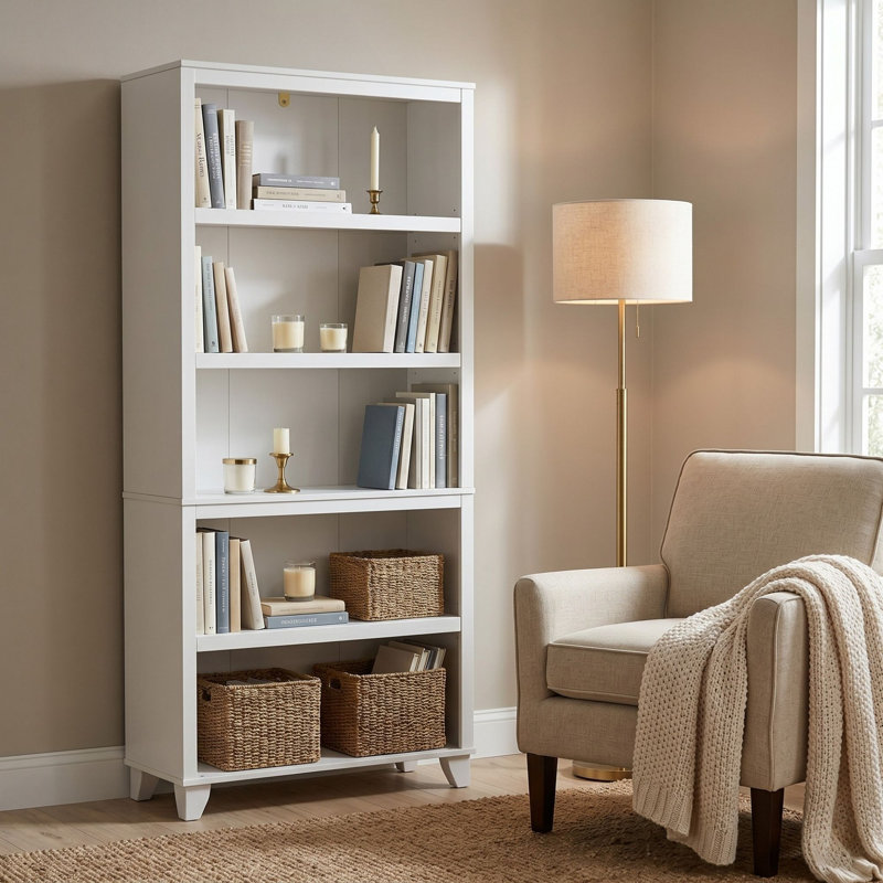 64.25”H 5-Tier Bookcase with Raised Legs, White Freestanding Open Shelf Storage & Display for Living Room, Bedroom, or Home Office
