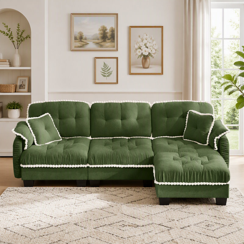 Canapé en L Chenille Cloud avec repose-pieds et 4 coussins, vert, 3-Seater & 1-Ottoman, Green