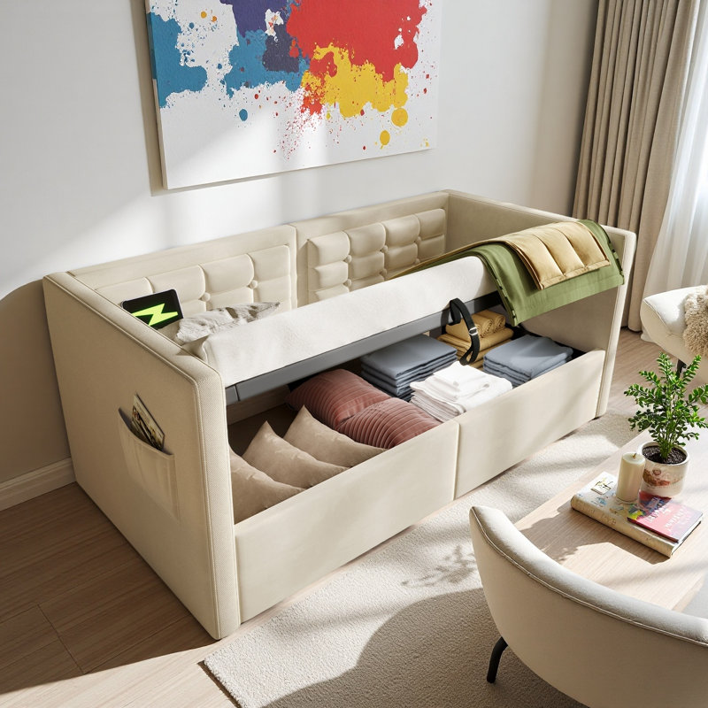 Modern Upholstered Tufted Daybed with USB & Type-C Charging, Beige