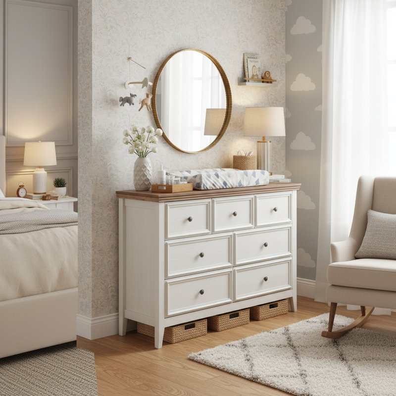 Commode moderne à 7 tiroirs avec ensemble anti-basculement, commode de ferme pour chambre à coucher, salon et placard, armoire de rangement à grande capacité avec glissières en métal lisse, beige