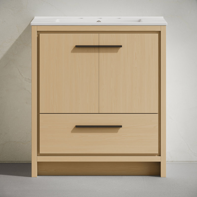 Meuble-lavabo autoportant 30 po Virage en chêne naturel avec comptoir à 3 trous Virage, Naturel/noir, 8 po