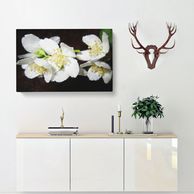 White Jasmine Flowers - Wrapped Canvas Painting, 60cm H x 91cm W x 3cm D