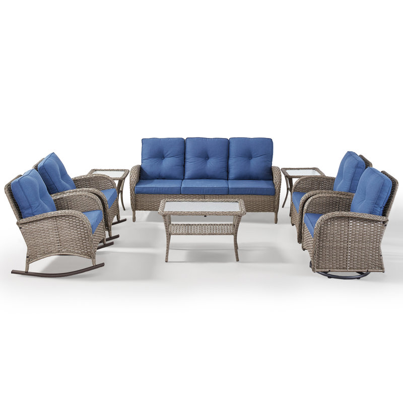 8- Pieces Outdoor Wicker Family Conversation Set With Rocking Chairs And Swivel Chairs, Gray, Blue