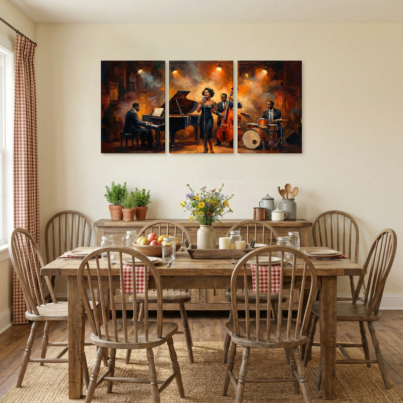 Ensemble de 3 reproductions d'art sur toile abstraites Jazz Band Performance In Warm Lighting, 18” H x 36” W