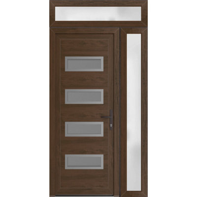 Porte d'entrée extérieure prémontée en PVC-U, fini noyer, avec imposte et panneaux latéraux, style métal-plastique. Modèle Manux 8113. Convient aux bureaux, commerces et résidences. Parfait pour l'entrée, les patios et les garages. Dimensions : 50 x 94 po (L 36 + 14 po x H 80 + 14 po). Ouverture à gauche vers l'intérieur.