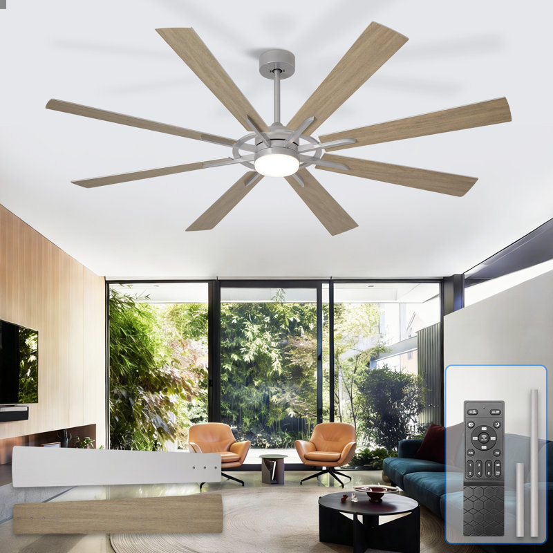 66 Inch Large Ceiling Fan with Light, Modern 8-Blade Silver and Wood Grain Indoor Outdoor Fans with Remote Control Dimmable Light, Quiet DC Motor Reversible 6 Speed Timer
