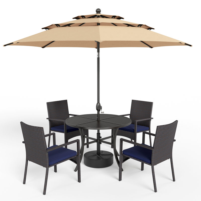 4 - Person Patio Dining Set Umbrella Hole Included Round Table with Cushions Included, Beige