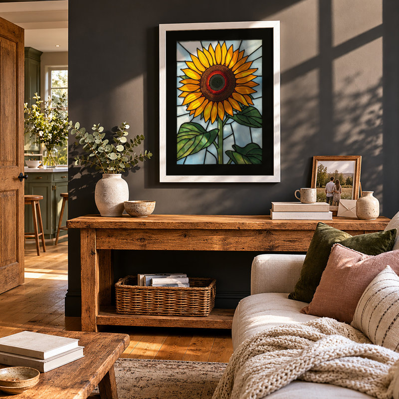 Stained Glass Sunflower Botanical - Print, A2 - 59.4 x 42.0 cm, White