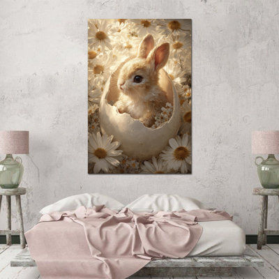  Art mural sur toile de lapin - Pâques et printemps, décoration murale pour la maison, art mural lapin avec marguerites, œuvre d'art de qualité galerie avec cadre en toile tendue, 24 po x 36 po