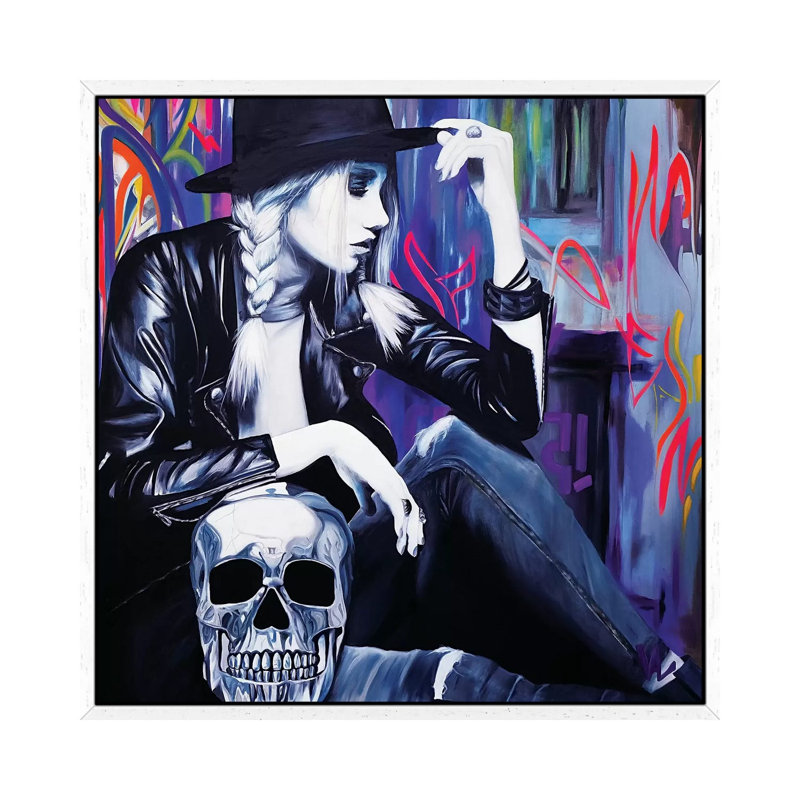 Skull In The Light by Val Escoubet - Painting on Canvas, White Framed, 45.72cm H x 45.72cm W x 3.81cm D