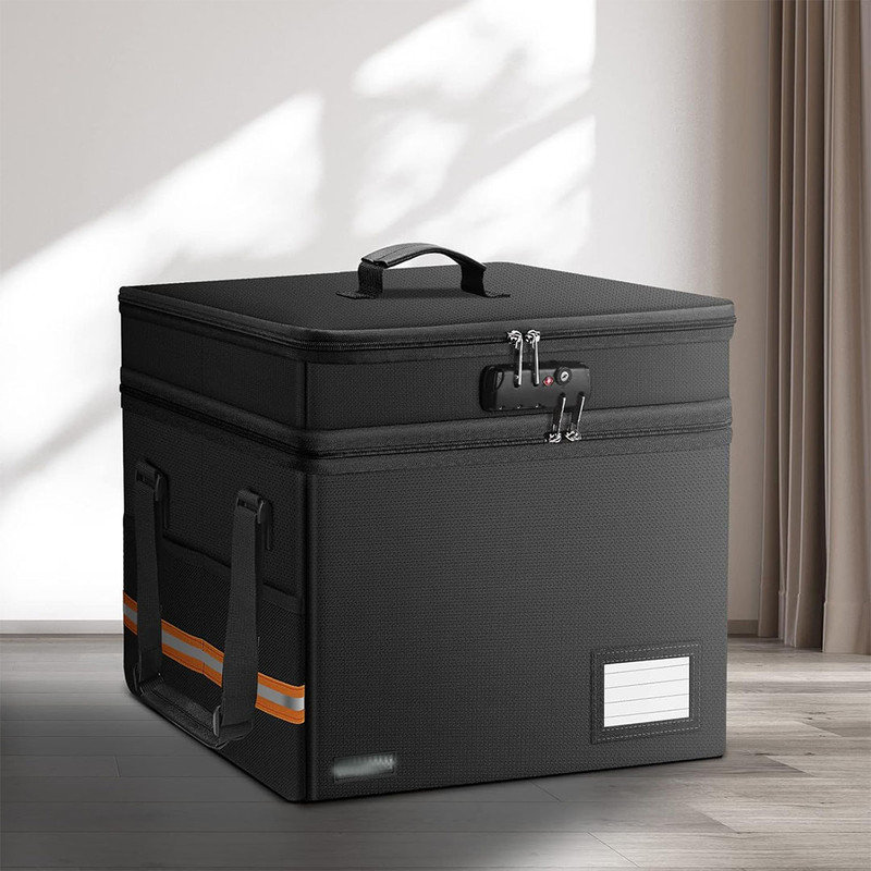 Fireproof Document Box with 13 Pockets Accordian File Organizer, File Organizer Box with Lock for Hanging Letter/Legal Folder, Black
