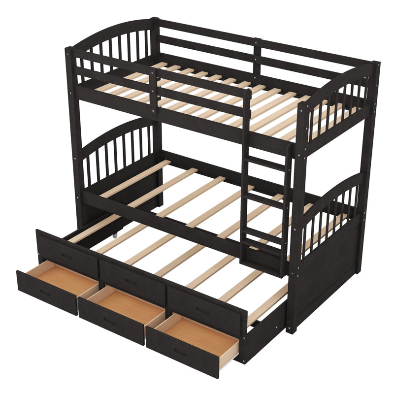 Lit superposé simple au-dessus d'un lit simple en bois avec lit gigogne et tiroirs, espresso