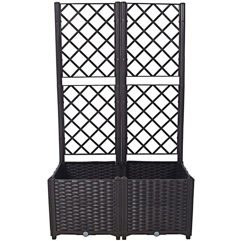 Poly Rattan Brown Trellis Raised Bed With Drainage Plug - 2 Removable Pots With Large Flower Boxes