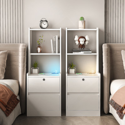 Nightstands Set Of 2, With Charging Station, Smart Nightstand With Night Light, Modern Night Stand With Bookshelf, Bedside Tables With Storage Cabinet For Bedroom,White