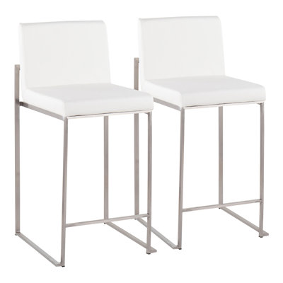 Contemporary High Back Counter Stool in Stainless Steel and White Faux Leather  - Set of 2
