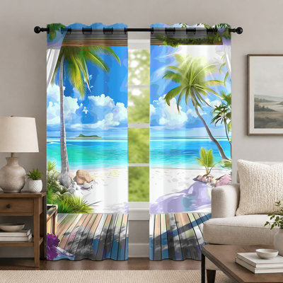 2Pcs Tropical Beach Scenery Curtains, Vacation Style Curtain, Vibrant Ocean Palm Tree Printed Art Grommet Drapes, Window Treatment for Bedroom Living Room Decor