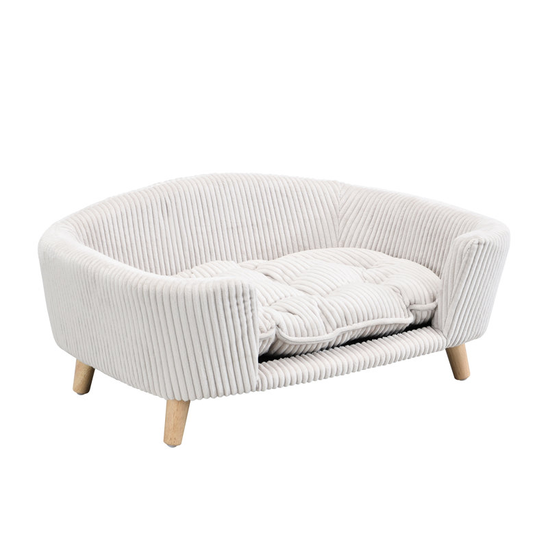 Lit pour chien surélevé en velours côtelé pour petits chiens de 11 à 25 lb, pieds en bois d'hévéa, mousse confortable, couleur beige, lit pour chien à installation rapide, installation sans effort pour animaux de compagnie