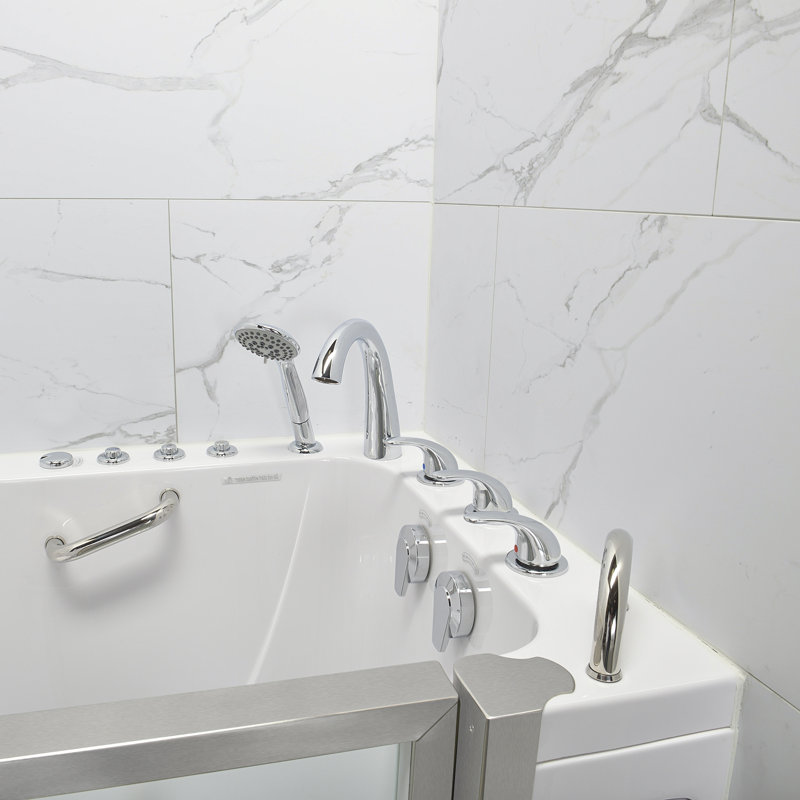 Ella Royal 32"x52" Acrylic Air and Hydro Massage Walk-In Bathtub with Right Inward Swing Door, 5 Piece Fast Fill Faucet, 2" Dual Drain, Carrara Wall Surround