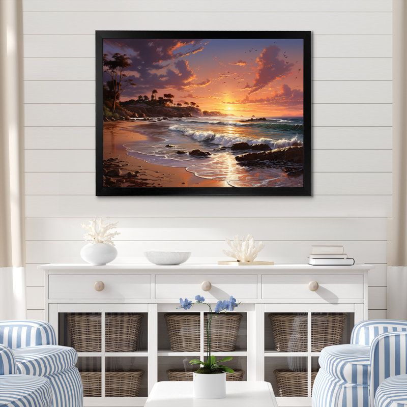 " Beach Sunset Beach III ", Black Picture Framed, 12" H x 20" W x 1" D
