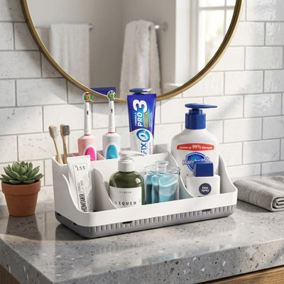 Organisateur de comptoir de salle de bain, porte-brosse à dents à 7 fentes avec compartiments amovibles, dentifrice antidérapant et organisateur de brosse à dents électrique pour le rangement du comptoir