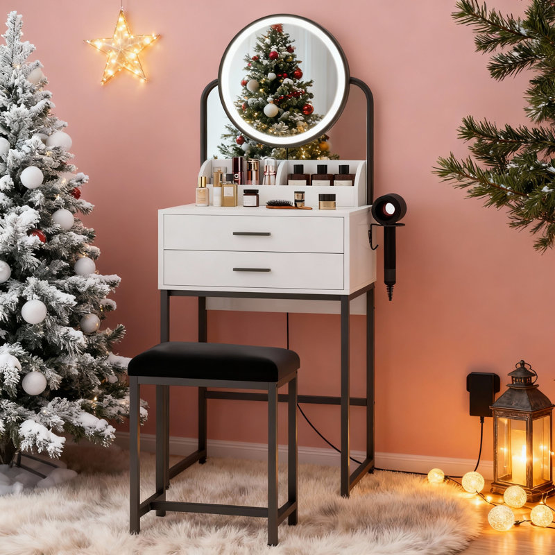 Dressing Table with LED Lighted Mirror, Makeup Vanity Desk with Stool and 2 Drawers, 55CM Desktop, Black
