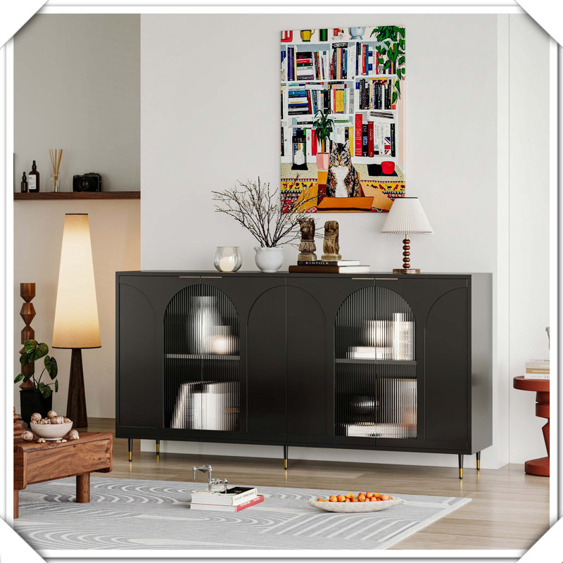 Buffet laqué avec 4 portes en verre et armoire de rangement Buffet