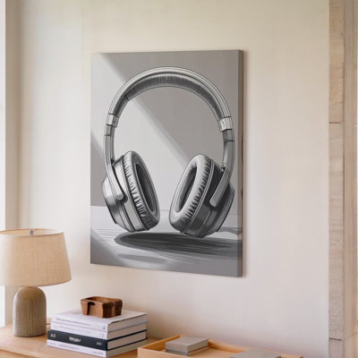 Toile, croquis, son, minimaliste, niveaux de gris, casque, illustration, immobilité, art mural, prêt à accrocher, galerie, décoration