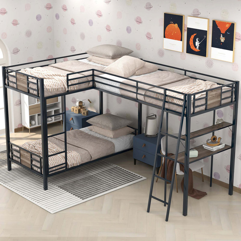 Lit superposé en L avec lit mezzanine avec bureau et tablette