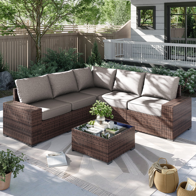 Ensemble de meubles de patio 6 pièces, avec coussins et table basse en verre, ensemble de canapé modulaire en osier de rotin Pe