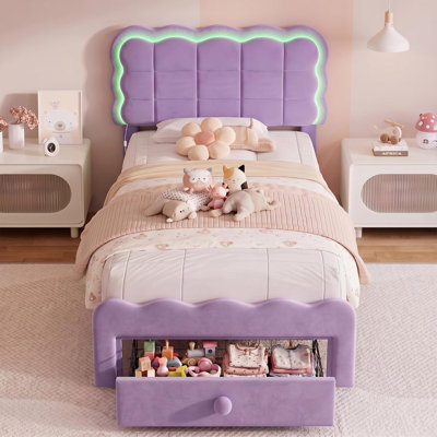 Twin Upholstered Bed Frame with LED Lights & Storage Drawer for Kids - Purple