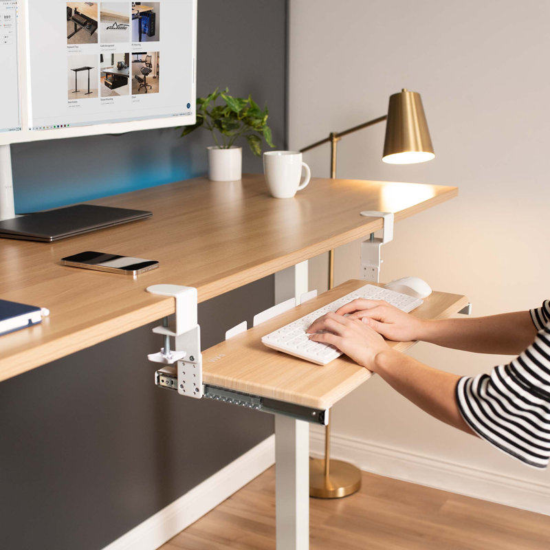 Light Wood Adjustable Under Desk Keyboard Tray with White Clamps