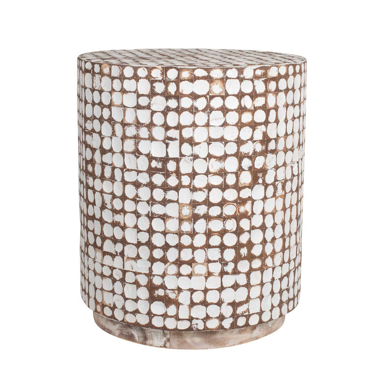 Abbie Coconut Shell Drum End Table, White Patina